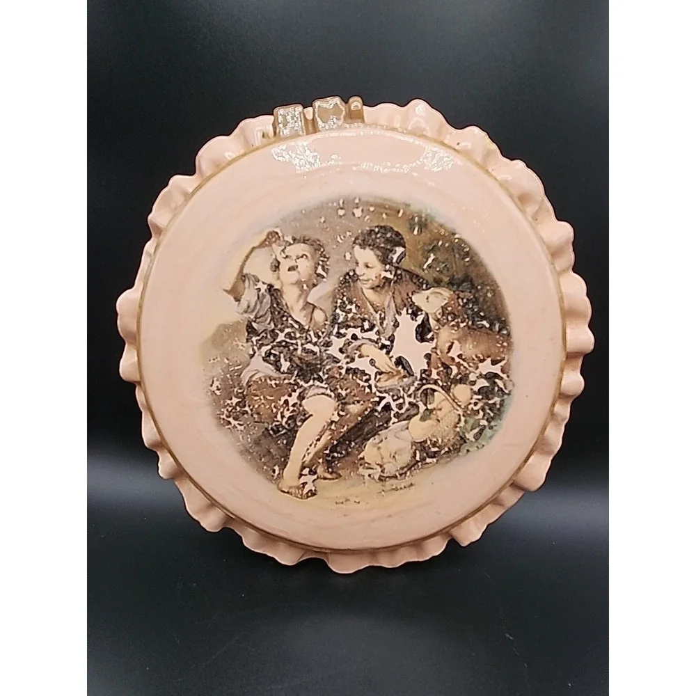 Set Of Two‎ Vintage Glazed Cermaic Hot Pads/ Wall Hangings W/ Victorian Scene